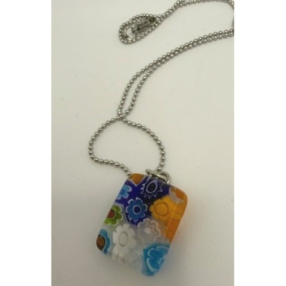 Murano Millefiori Glass Pendant Necklace Floral Mosaic Blue Orange Silver Tone‎